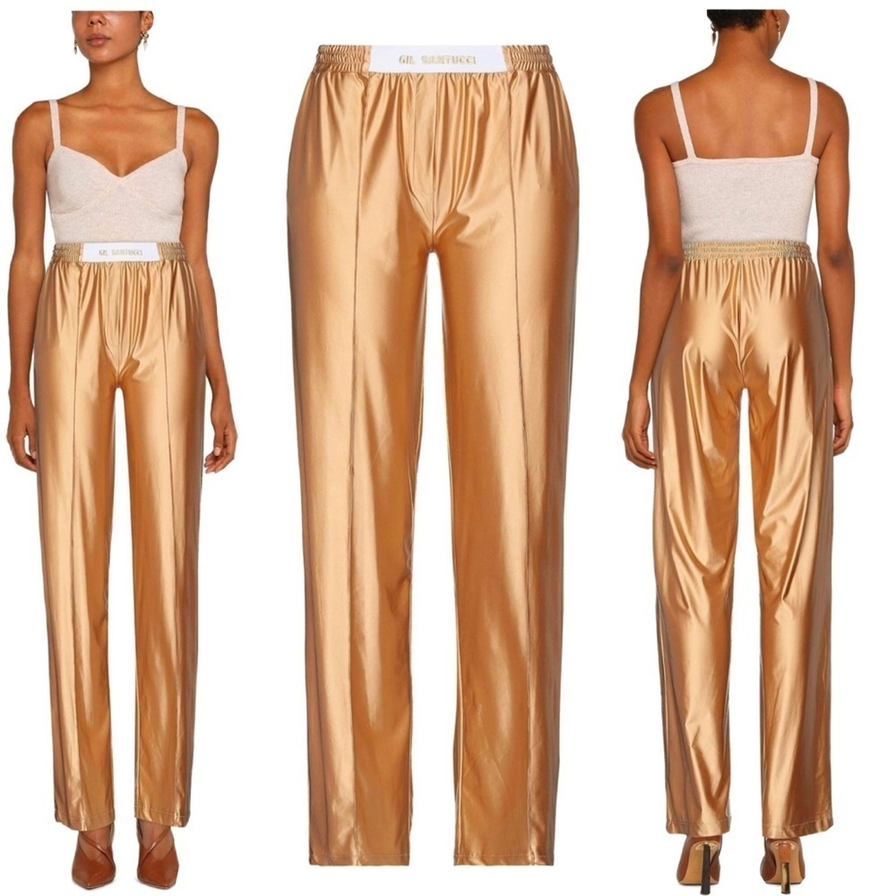 GIL Santucci gold metallic satin effect high waisted pants Sz 44 NWT